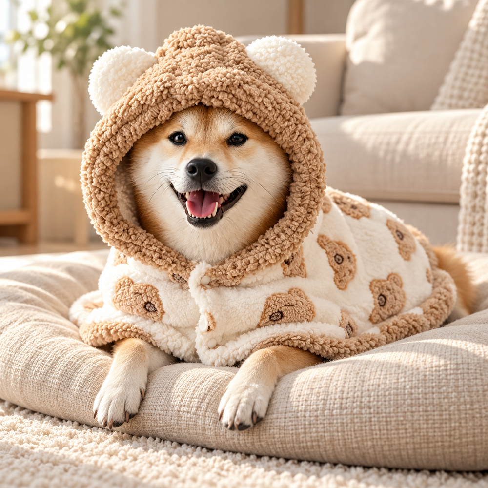 Shiba inu relaxing at home in the brown bear hooded pet blanket cape