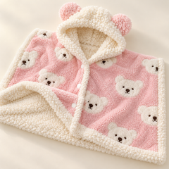 Pink bear pet blanket cape showing the plush fabric, fluffy lining, hood ears and front snaps