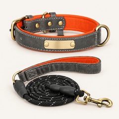 Slate Grey personalised padded dog collar with matching rope lead