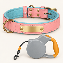 Blush Pink personalised padded dog collar with grey and orange retractable lead