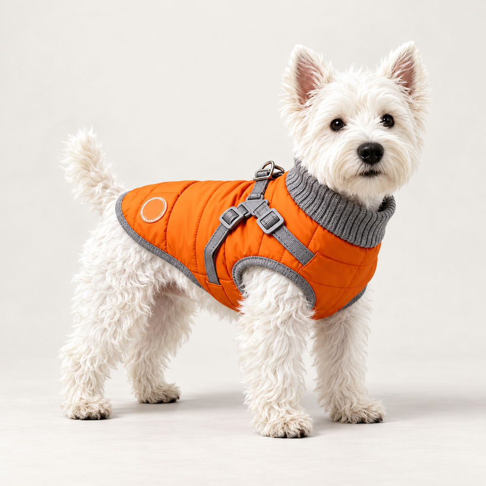 White terrier wearing a flame orange quilted dog puffer vest with a grey high neck and harness