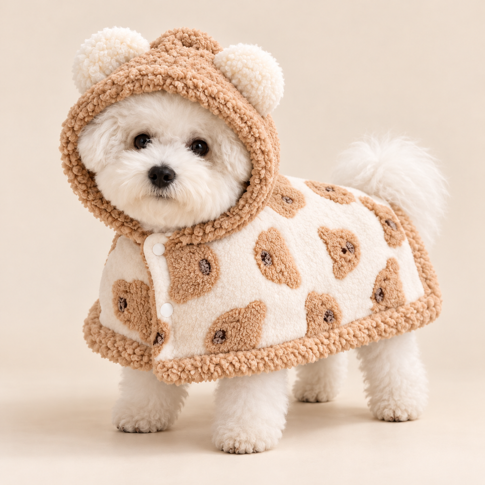 White bichon wearing the brown bear hooded pet blanket cape with plush trim and rounded hood ears