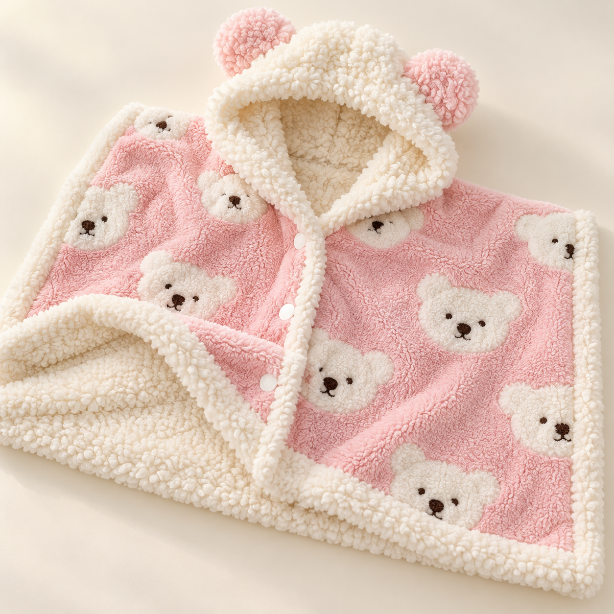Pink bear pet blanket cape showing the plush fabric, fluffy lining, hood ears and front snaps