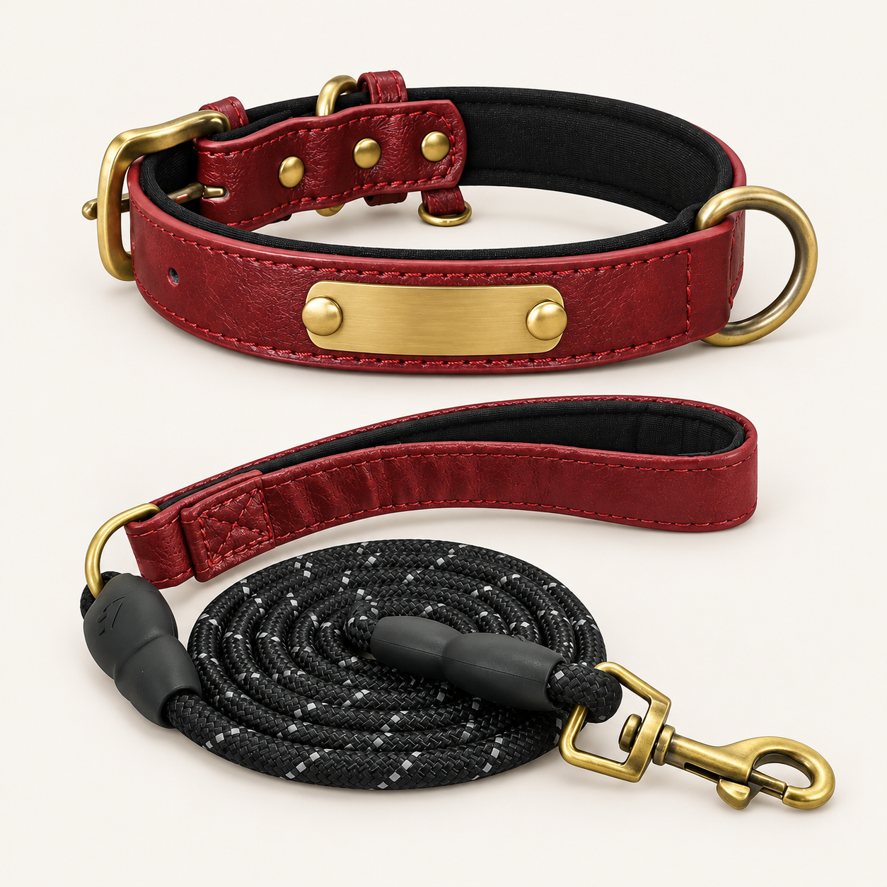 Burgundy personalised padded dog collar with matching rope lead
