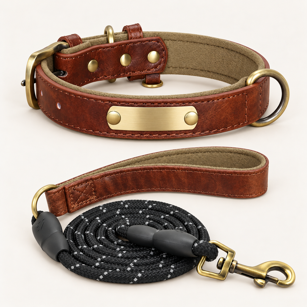 Coconut Brown personalised padded dog collar with matching rope lead