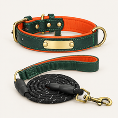 Emerald Green personalised padded dog collar with matching rope lead