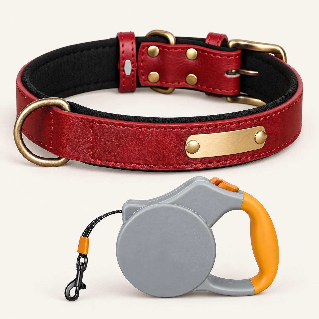 Burgundy personalised padded dog collar with grey and orange retractable lead