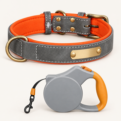Slate Grey personalised padded dog collar with grey and orange retractable lead