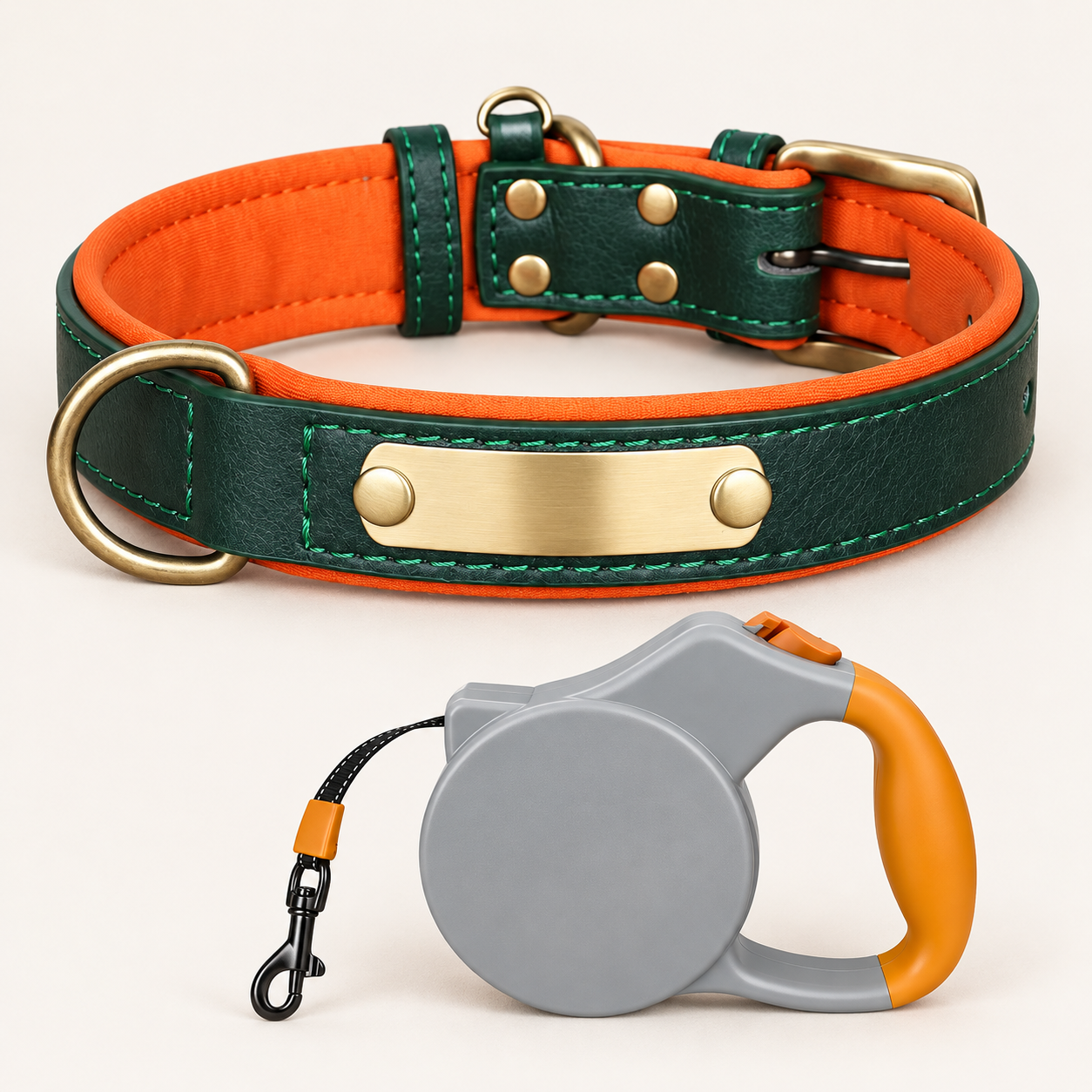 Emerald Green personalised padded dog collar with grey and orange retractable lead