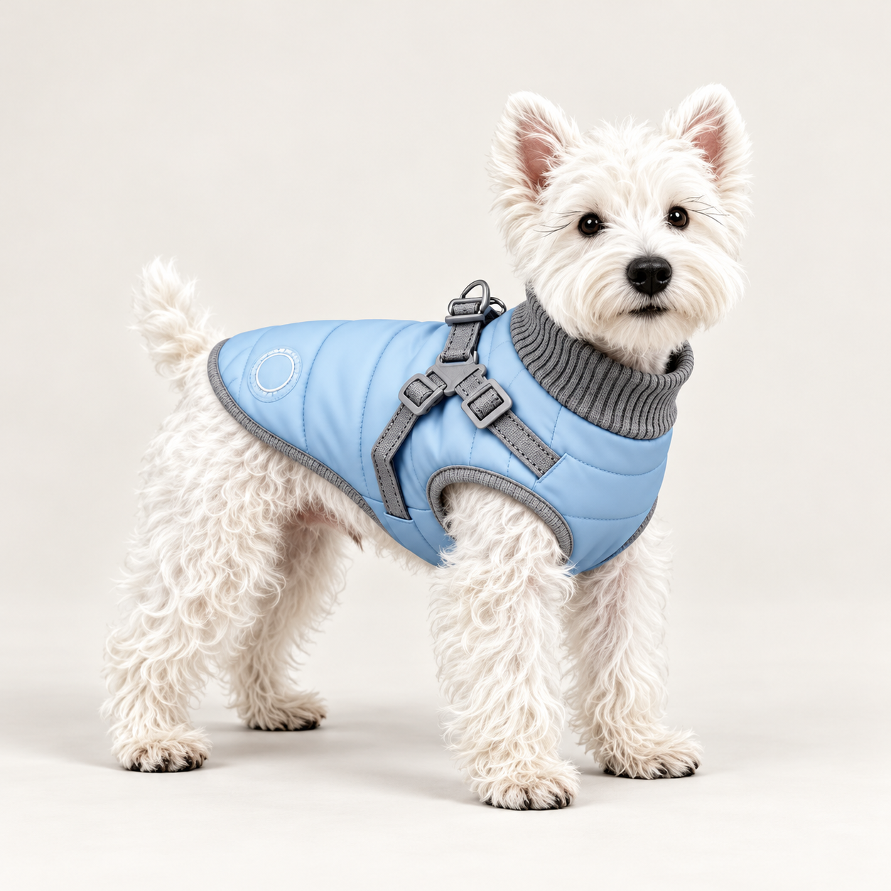 White terrier wearing a frost blue quilted dog puffer vest with a grey high neck and harness