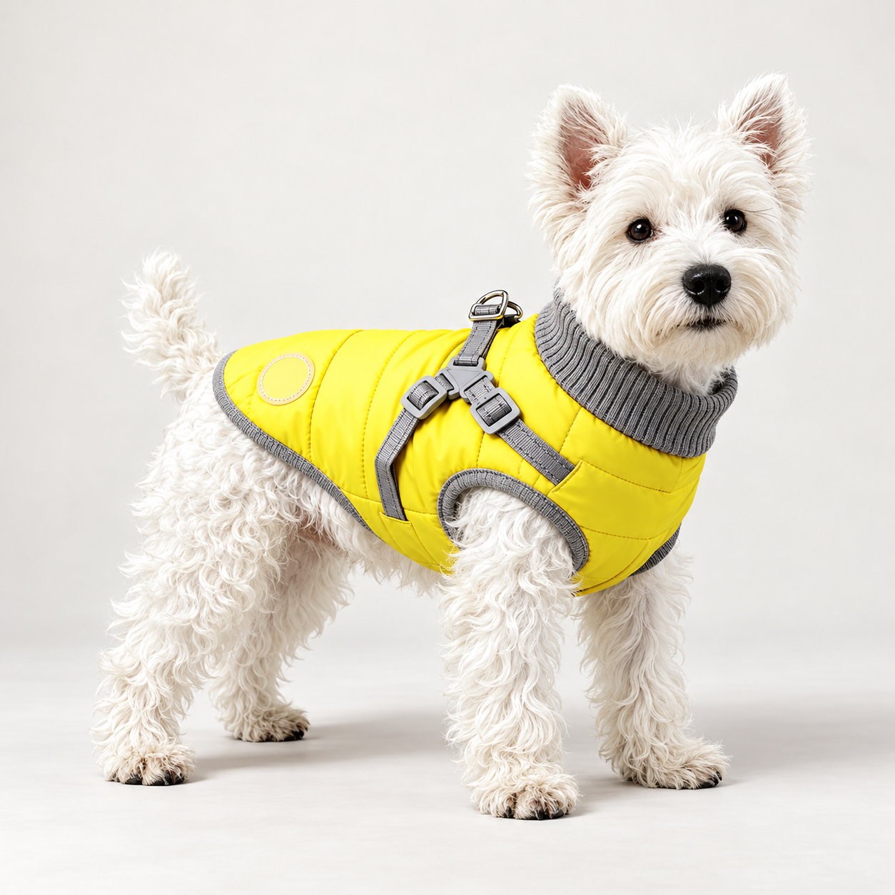 White terrier wearing a lemon yellow quilted dog puffer vest with a grey high neck and harness