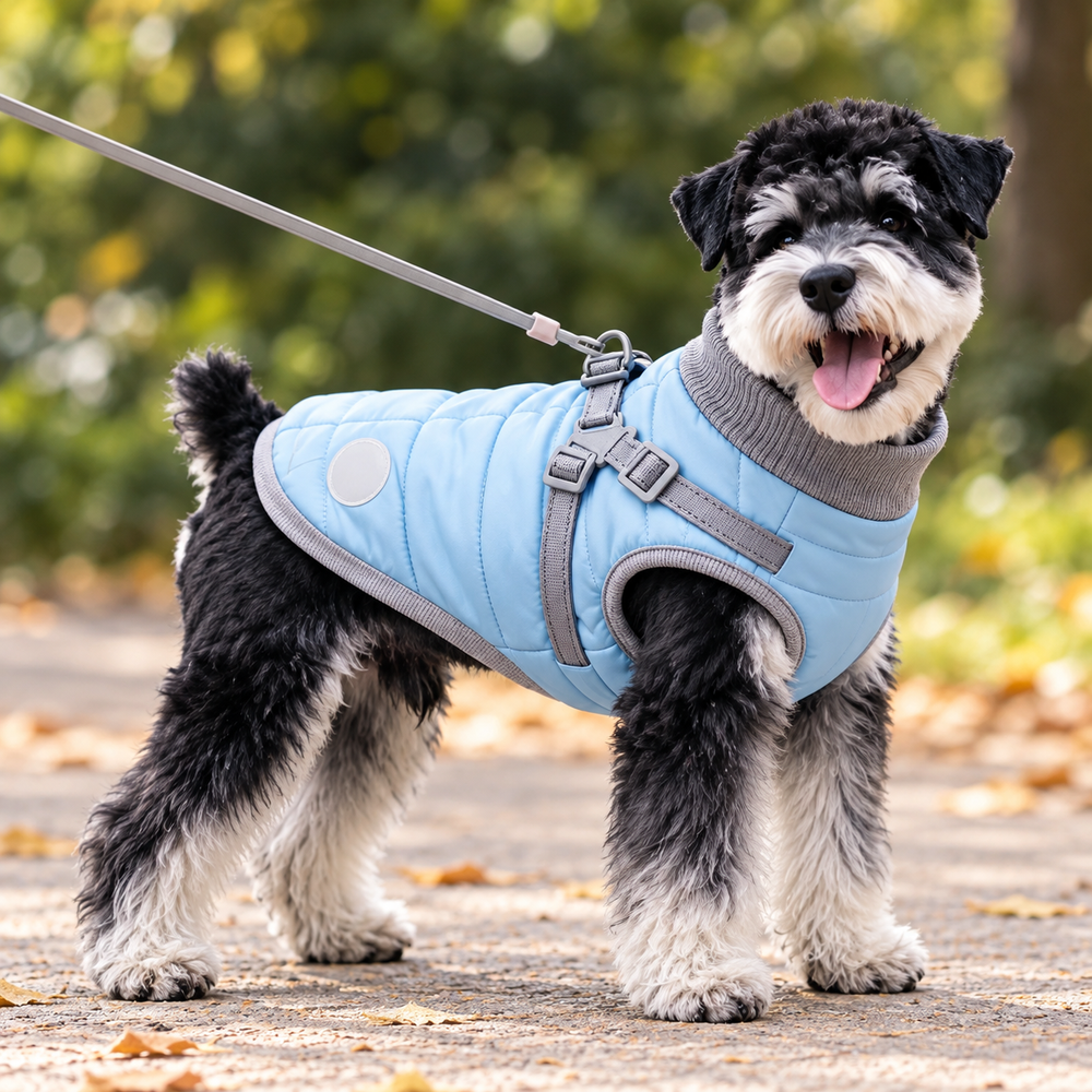 Schnauzer wearing a frost blue quilted dog vest with integrated harness on an autumn walk