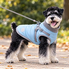 Schnauzer wearing a frost blue quilted dog vest with integrated harness on an autumn walk