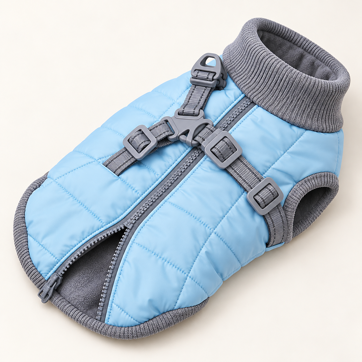 Frost blue dog vest showing quilted fabric, grey fleece lining, back zipper and harness details