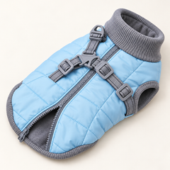 Frost blue dog vest showing quilted fabric, grey fleece lining, back zipper and harness details