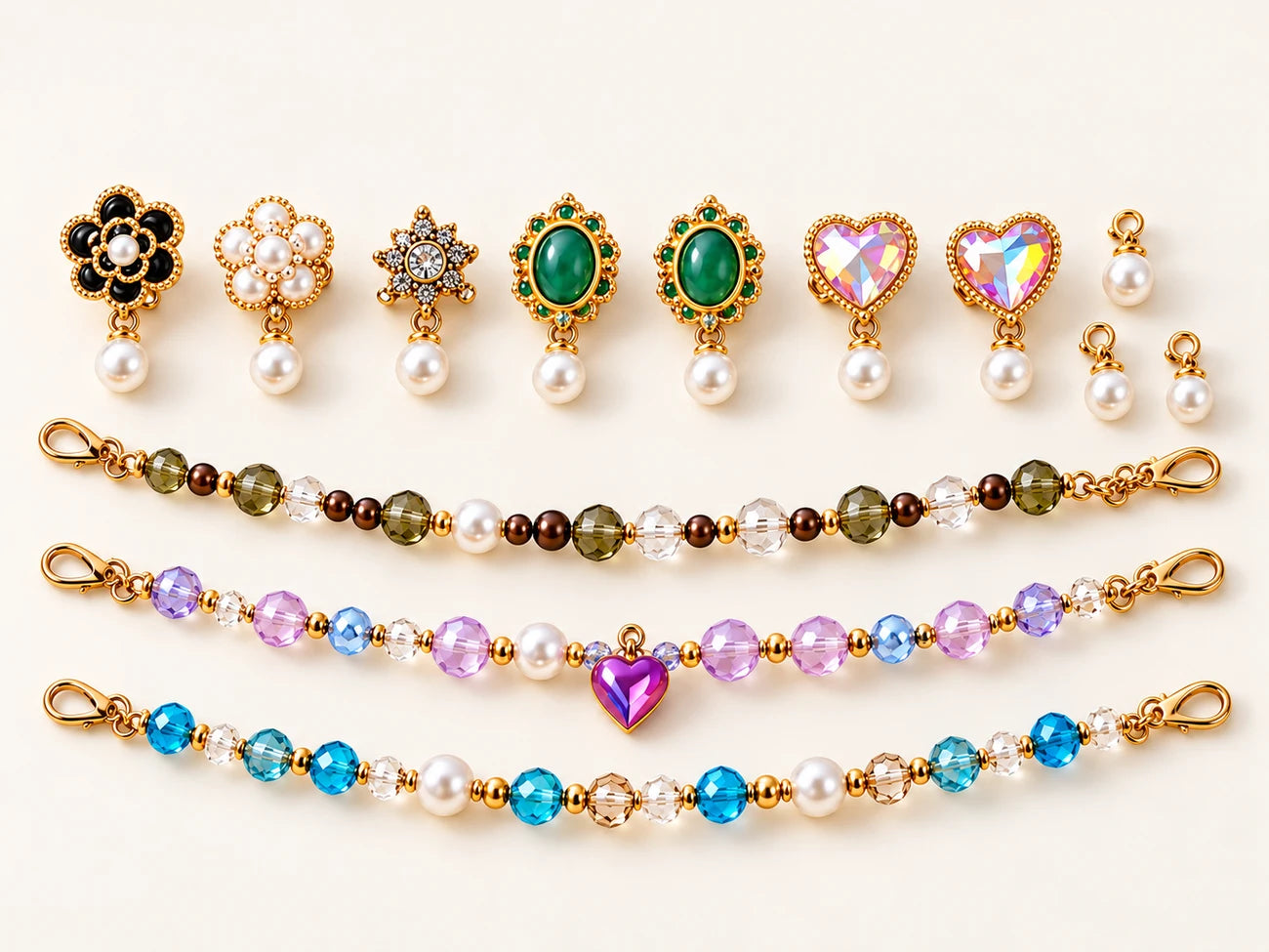 Detachable flower and gemstone charms, pearl drops and three beaded strands with clasps
