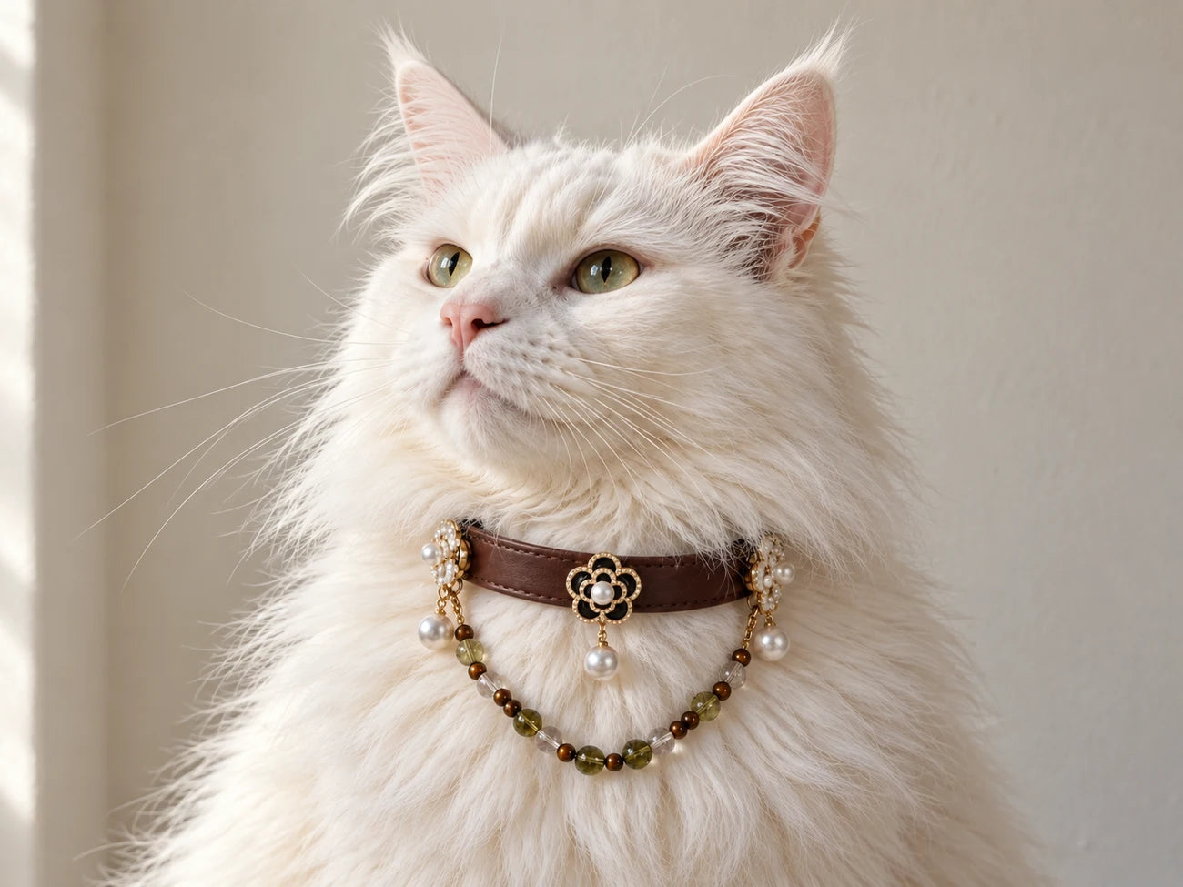 A white cat wearing a brown floral pearl collar with an olive and clear beaded necklace